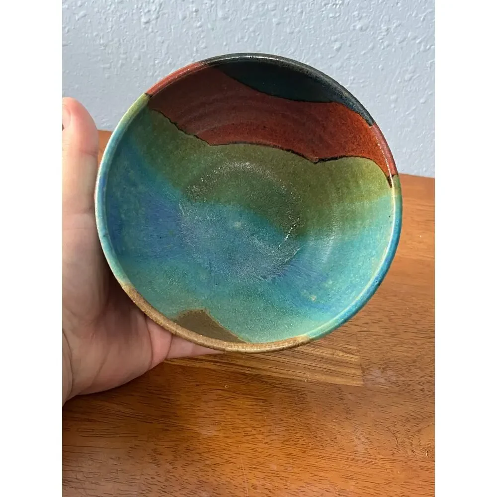 VTG Studio Pottery Bowl Hand Thrown Southwestern Drip Glaze Signed